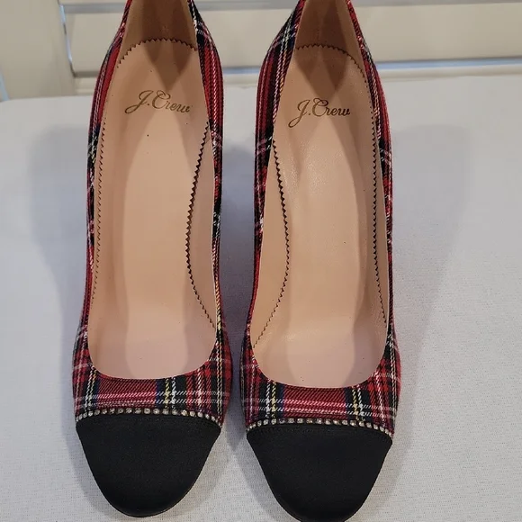 J. Crew Red and Black Stewart Tartan Plaid Heels - Picture 2 of 8